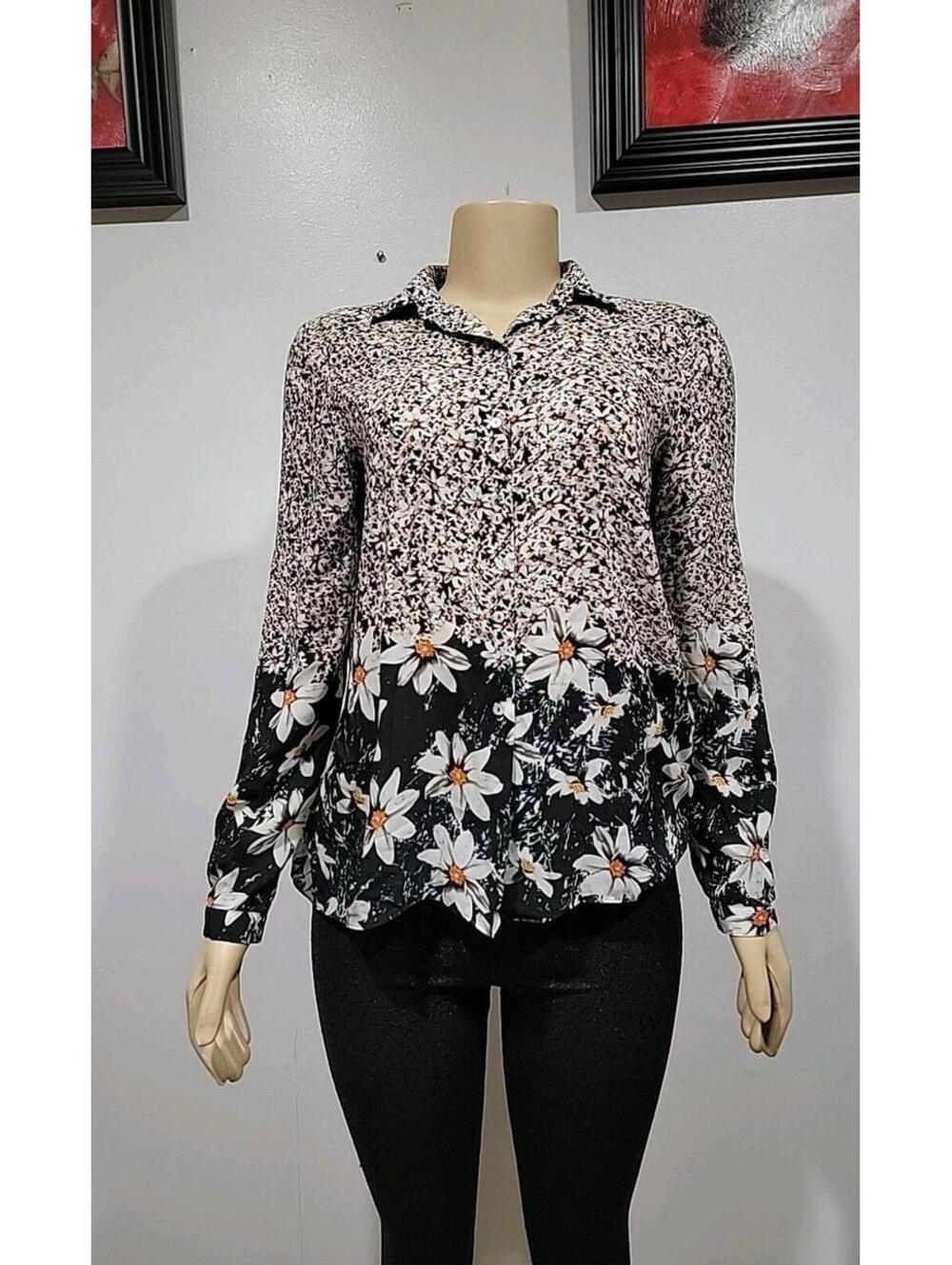 ZARA Button Up Long Sleeve Blouse Women's Size Medium Floral Pattern Hi-Low #C
